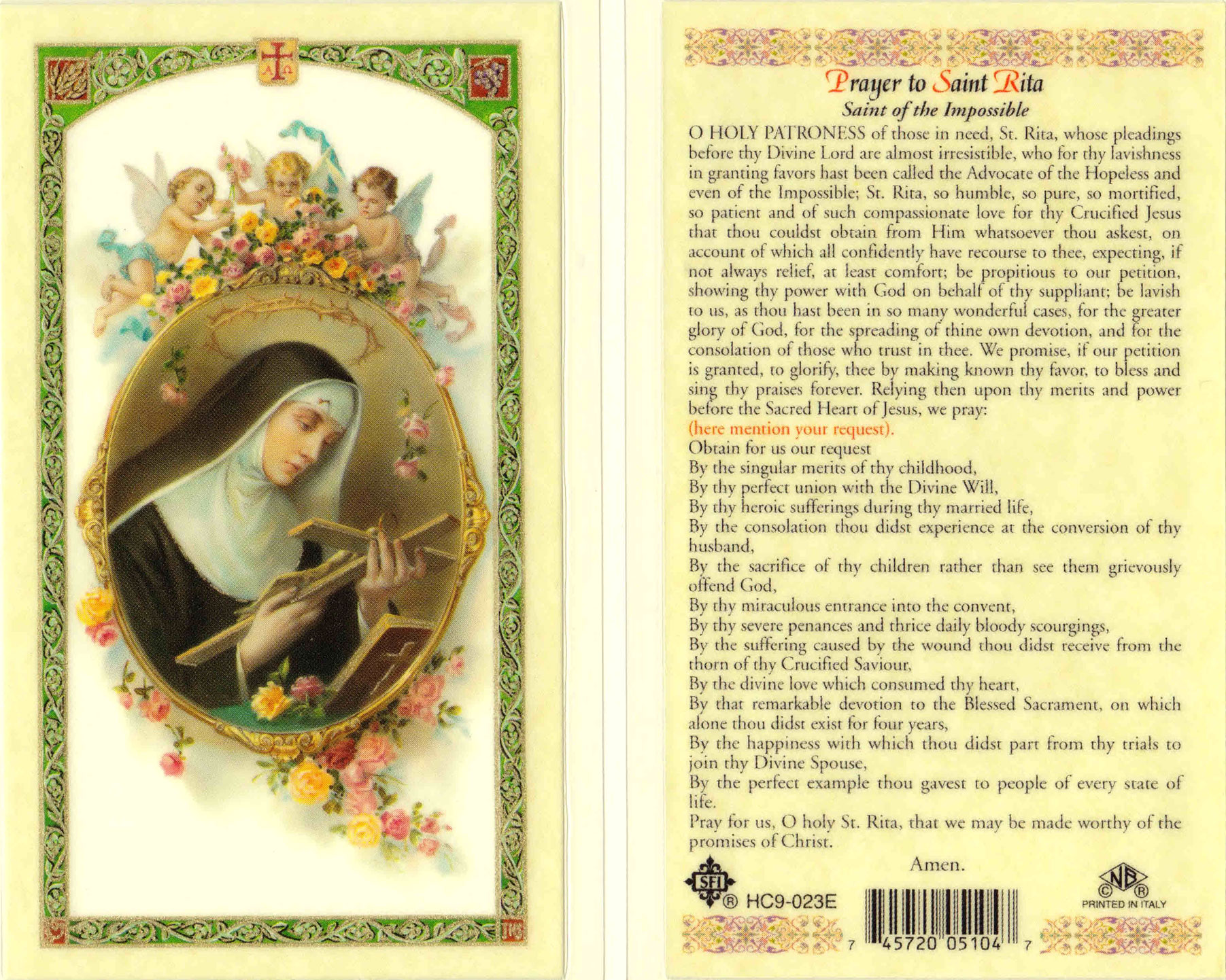 (image for) Holy Card: St. Rita w/Prayer